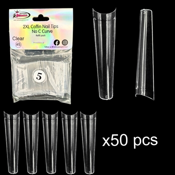 2XL COFFIN "No C Curve" Nail Tips CLEAR (REFILLS) #5