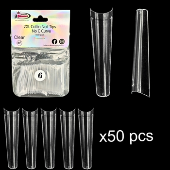 2XL COFFIN "No C Curve" Nail Tips CLEAR (REFILLS) #6