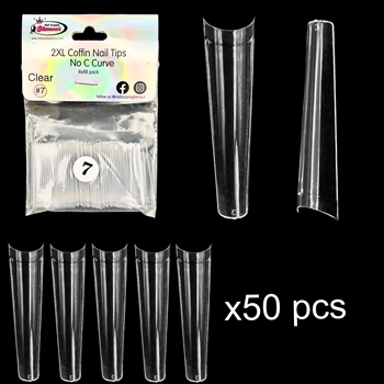 2XL COFFIN "No C Curve" Nail Tips CLEAR (REFILLS) #7