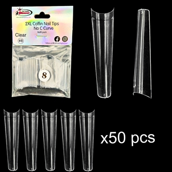 2XL COFFIN "No C Curve" Nail Tips CLEAR (REFILLS) #8