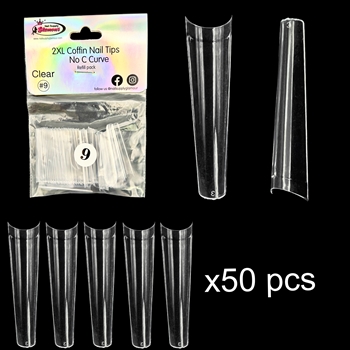 2XL COFFIN "No C Curve" Nail Tips CLEAR (REFILLS) #9