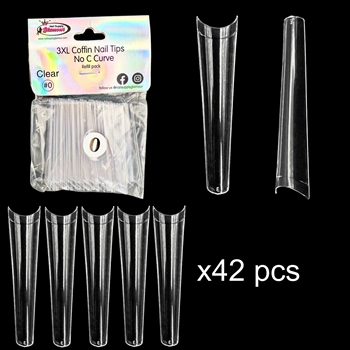 3XL COFFIN "No C Curve" Nail Tips CLEAR (REFILLS) #0