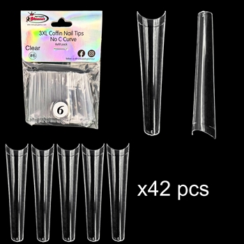 3XL COFFIN "No C Curve" Nail Tips CLEAR (REFILLS) #6