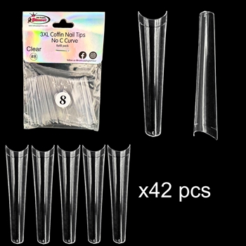 3XL COFFIN "No C Curve" Nail Tips CLEAR (REFILLS) #8