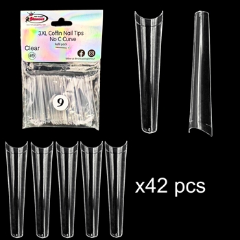 3XL COFFIN "No C Curve" Nail Tips CLEAR (REFILLS) #9