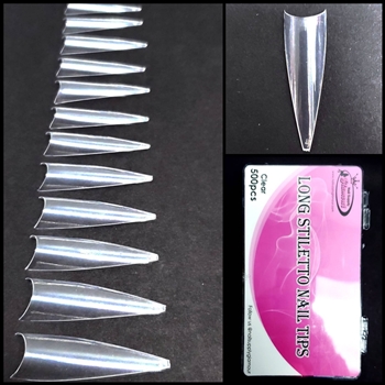 LONG Stiletto Nail Tips CLEAR 500 pcs easy coffin (comes in BOX)