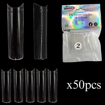 2XL SQUARE "No C Curve" Nail Tips CLEAR (REFILLS) #2