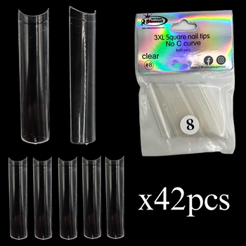 3XL SQUARE "No C Curve" Nail Tips CLEAR (REFILLS) #8