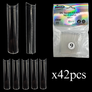 3XL SQUARE "No C Curve" Nail Tips CLEAR (REFILLS) #9