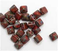 8mm Czech Glass Pyramid 2-Hole Beadstud - BST08-93400-86800 - Coral Picasso Pecan - 4 Beads