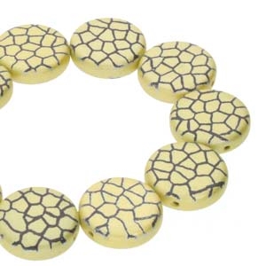 CN14-23980-25002CR - 2-Hole 14mm Coin Beads -  Jet/Yellow Laser Cracked - 1 Bead