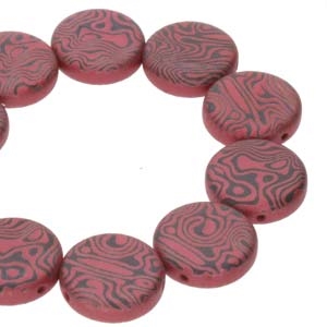 CN14-23980-25009CL - 2-Hole 14mm Coin Beads -  Jet/Red Laser Countour - 1 Bead