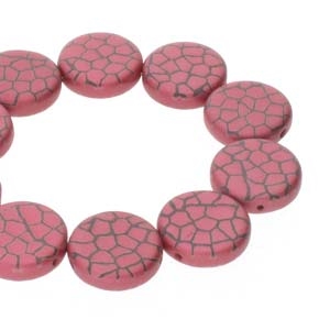 CN14-23980-25009CR - 2-Hole 14mm Coin Beads -  Jet/Red Laser Cracked - 1 Bead