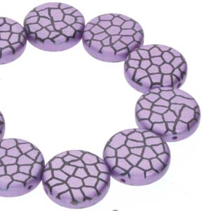 CN14-23980-25012CR - 2-Hole 14mm Coin Beads -  Jet/Violet Laser Cracked - 1 Bead