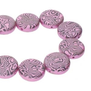 CN14-23980-25512CL - 2-Hole 14mm Coin Beads -  Jet/Pink Laser Countour - 1 Bead