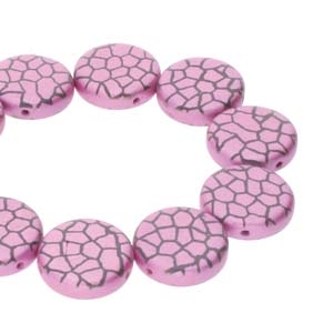 CN14-23980-25512CR - 2-Hole 14mm Coin Beads -  Jet/Pink Laser Cracked - 1 Bead