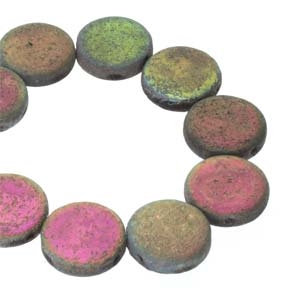 CN14-23980-28183 - 2-Hole 14mm Coin Beads -  Etched Jet Full Vitail - 1 Bead