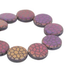 CN14-23980-29573CR - 2-Hole 14mm Coin Beads -  Jet Matte Laser Sliperit Cracked - 1 Bead