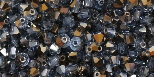 Preciosa Machine Cut 4mm Bicone Crystals : CZBC4-HL3003 - Hematite Luster - Sapphire 1/2 - 25 count