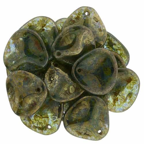 Czech Rose Petals 14/13mmï¿½- CZRP-BT6002 - Aquamarine - Bronze Picasso - 12 Petals