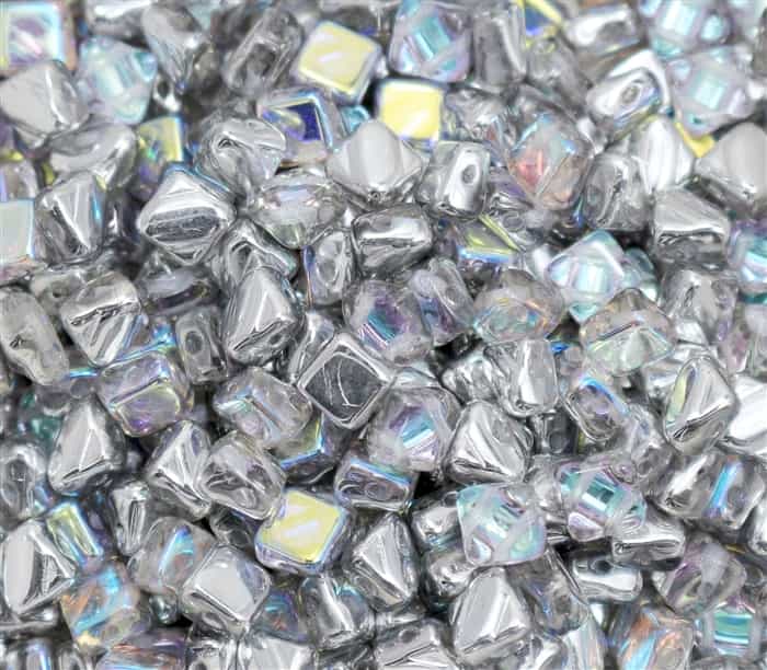 Czech Silky 2-Hole Beads 6x6mm - CZS-00030-98530 - Crystal Silver Rainbow - 25 count