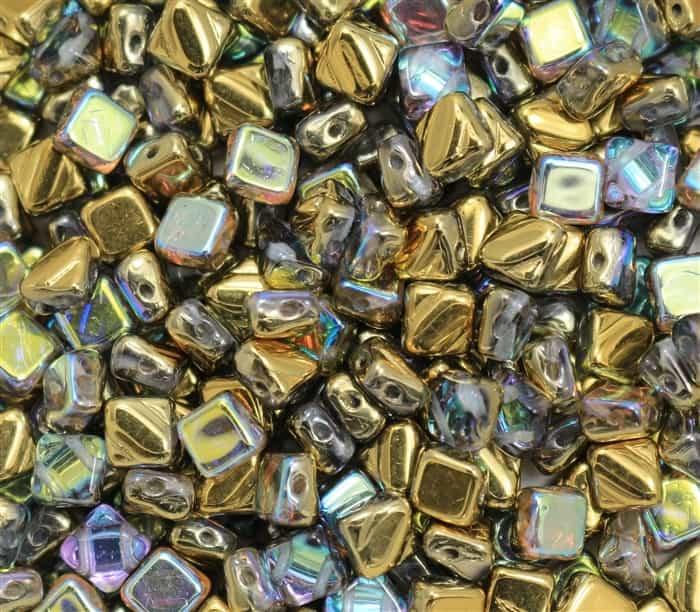 Czech Silky 2-Hole Beads 6x6mm - CZS-00030-98536 - Crystal Gold Rainbow - 25 count