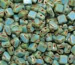 Czech Silky 2-Hole Beads 6x6mm - CZS-63030-43400 - Opaque Turquoise Picasso - 25 count
