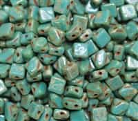Czech Silky 2-Hole Beads 6x6mm - CZS-63130-43400 - Opaque Green Turquoise Picasso - 25 count