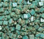 Czech Silky 2-Hole Beads 6x6mm - CZS-63130-43400 - Opaque Green Turquoise Picasso - 25 count