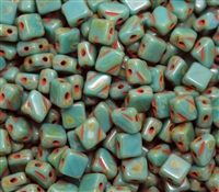 Czech Silky 2-Hole Beads 6x6mm - CZS-63130-86800 - Opaque Green Turquoise Tarvertin - 25 count