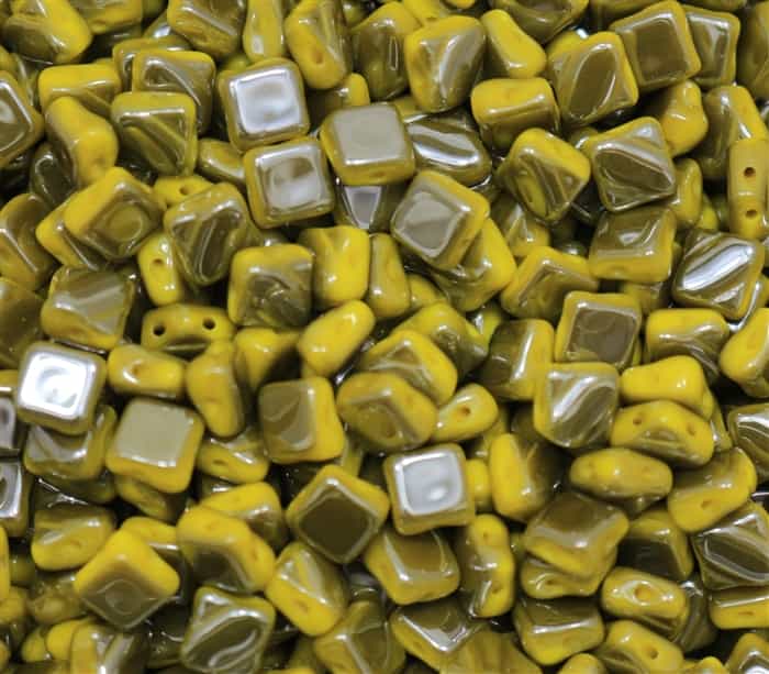 Czech Silky 2-Hole Beads 6x6mm - CZS-83120-27200 - Opaque Yellow - Vacuum Hematite Full - 25 count