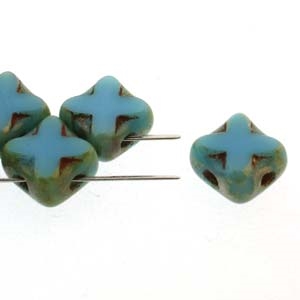 Czech Silky 2-Hole Table Cut Cross Beads 6x6mm - CZSC-63030-43400 - Turquoise Picasso - 25 count