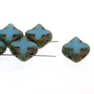 Czech Silky 2-Hole Table Cut Cross Beads 6x6mm - CZS-63030-86800 - Turquoise Travertin - 25 count