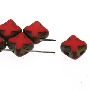 Czech Silky 2-Hole Table Cut Cross Beads 6x6mm - CZSC-93190-86800 - Red Travertin - 25 count
