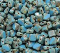 Czech Silky 2-Hole Table Cut Beads 6x6mm - CZSTC-63030-86800 - Turquoise Blue Dark Travertin - 25 count