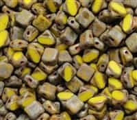 Czech Silky 2-Hole Table Cut Beads 6x6mm - CZS-83110-86800 - Opaque Yellow Dark Travertin - 25 count