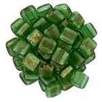 CzechMates Two Hole Tile 6mm - CZTWN06-GM5014 - Gold Marbled - Green Emerald - 25 Beads