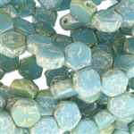 Czech 2-Hole 6mm Honeycomb Beads - HC-63030-15481 - Silver Splash Blue Turquoise - 25 Count