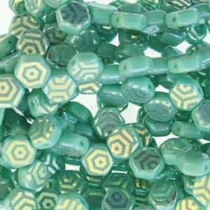 Czech 2-Hole 6mm Honeycomb Beads - HC-63130-28703WB - Turquoise Green Laser Web AB - 25 Count