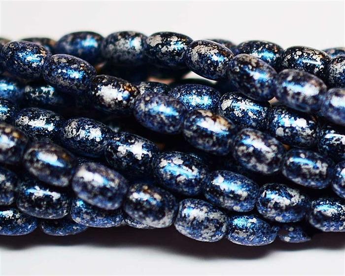 RI46-49873 - Czech Rice Bead - 4x6mm - Granite Galaxy Lapis Rice - 25 Count
