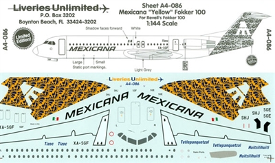 1:144 Mexicana (yellow) Fokker 100