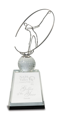11 inch Clear/Black Crystal Golf Award with Silver Metal Oval Figure