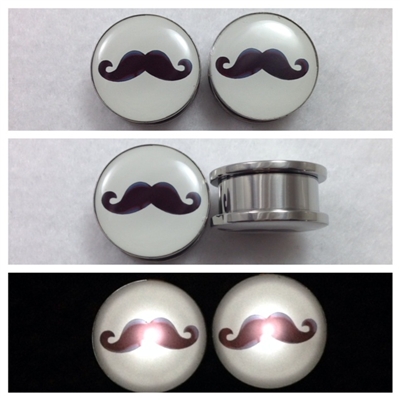 LED Light Up Stainless Steel Screw Tunnel Plugs with Mustache Logo