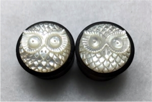 Pair of Handmade "Owl Head" Carved Organic Plugs