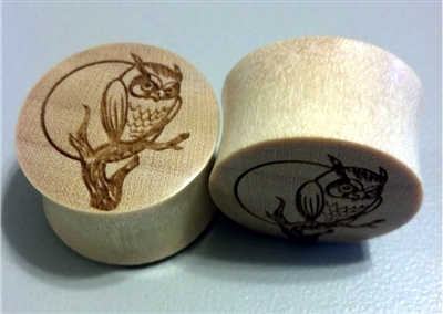 Pair of "Owl and the Moon" Organic Wood Solid Plugs