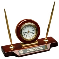 9 x 4 3/4 Piano Finish Desk Clock on Base with 2 Pens