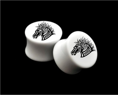 Pair of Solid White Acrylic "Tribal Horse" Plugs