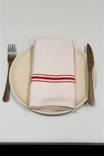 Bistro Napkin with Red Stripe. 17x26.  Blended 55/45 - White - 2 DZ