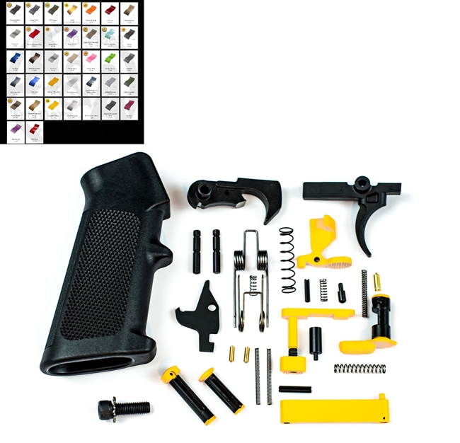 Colored AR 15 Lower Parts Kit-Complete Lower Parts Kit w/Black FCG and Grip in your choice of color