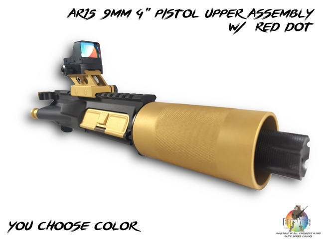 9MM AR15 4" PISTOL UPPER ASSEMBLY - Shown here in Gold - You Choose Color